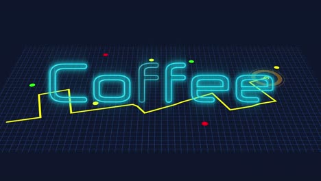 animation of neon blue coffee text banner over gps navigation map against black background