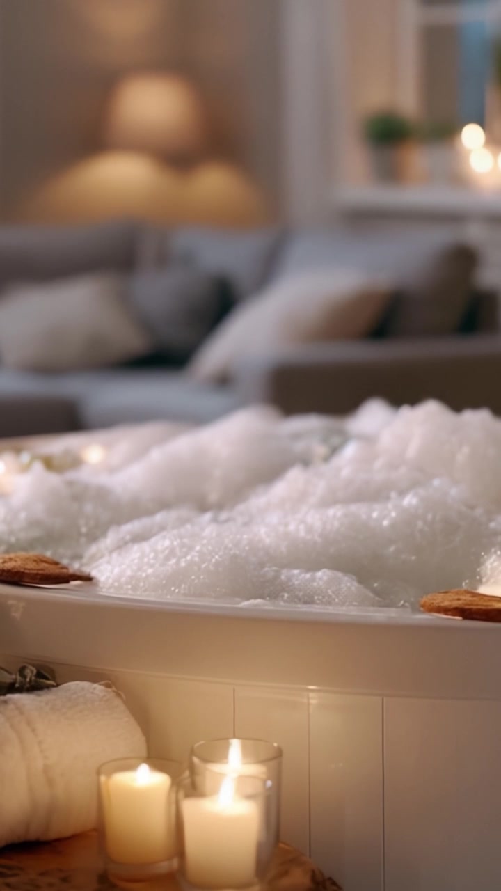 Atmosfera Rilassante: Una Serena Scena nella Vasca da Bagno Immersa nella Morbida Luce delle Candele e Bolle Lussureggianti, Perfetta per Rilassarsi Dopo una Lunga Giornata