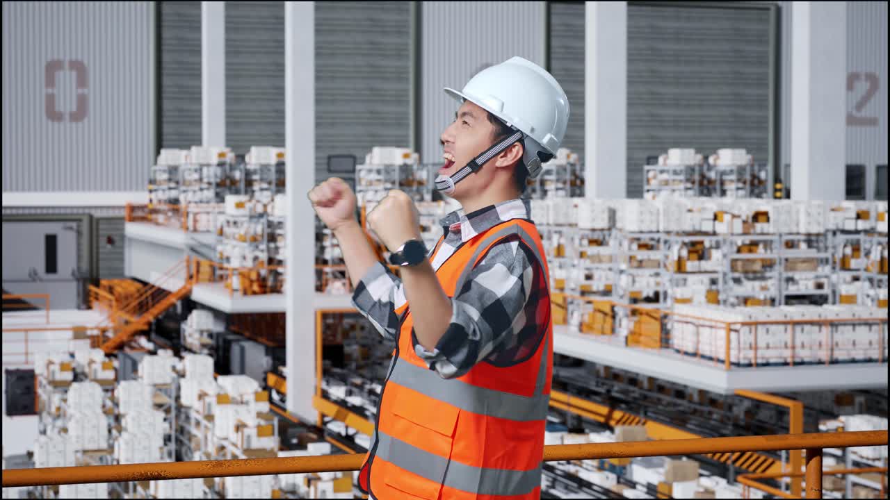 vista lateral de ingeniero masculino asiático con casco de seguridad de pie y gritando meta celebrando trabajando en el almacén con estantes llenos de mercancías de entrega