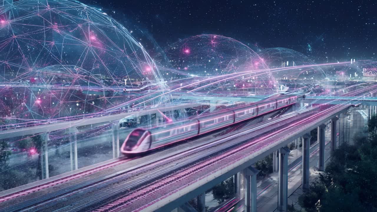 Futuristic transportation scene depicting a high-speed train traveling through a vibrant, digitally-enhanced cityscape with glowing connections and technology, showcasing modern infrastructure and cosmic elements