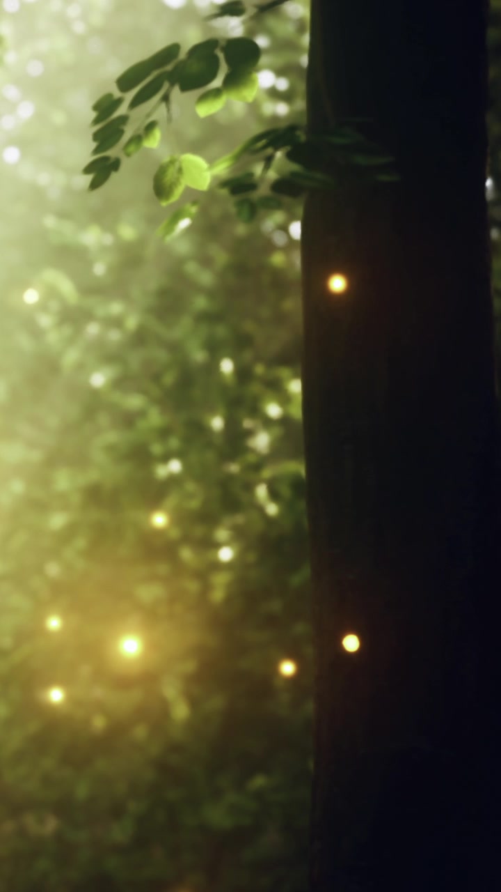 Le lucciole illuminano la foresta la sera vicino a un albero alto