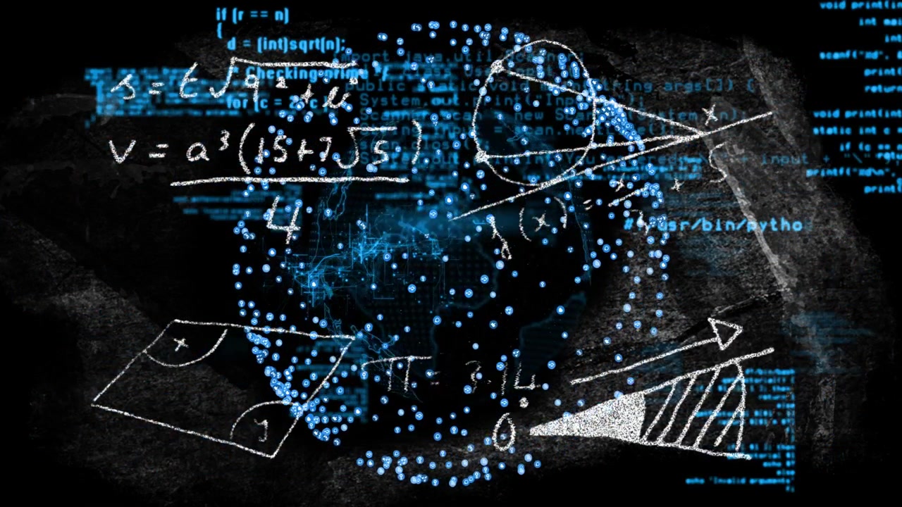 Particle globe forming from sliding code, revealing chalk math diagrams and data flow for tech