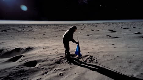astronaut plants flag on a moon-like planet