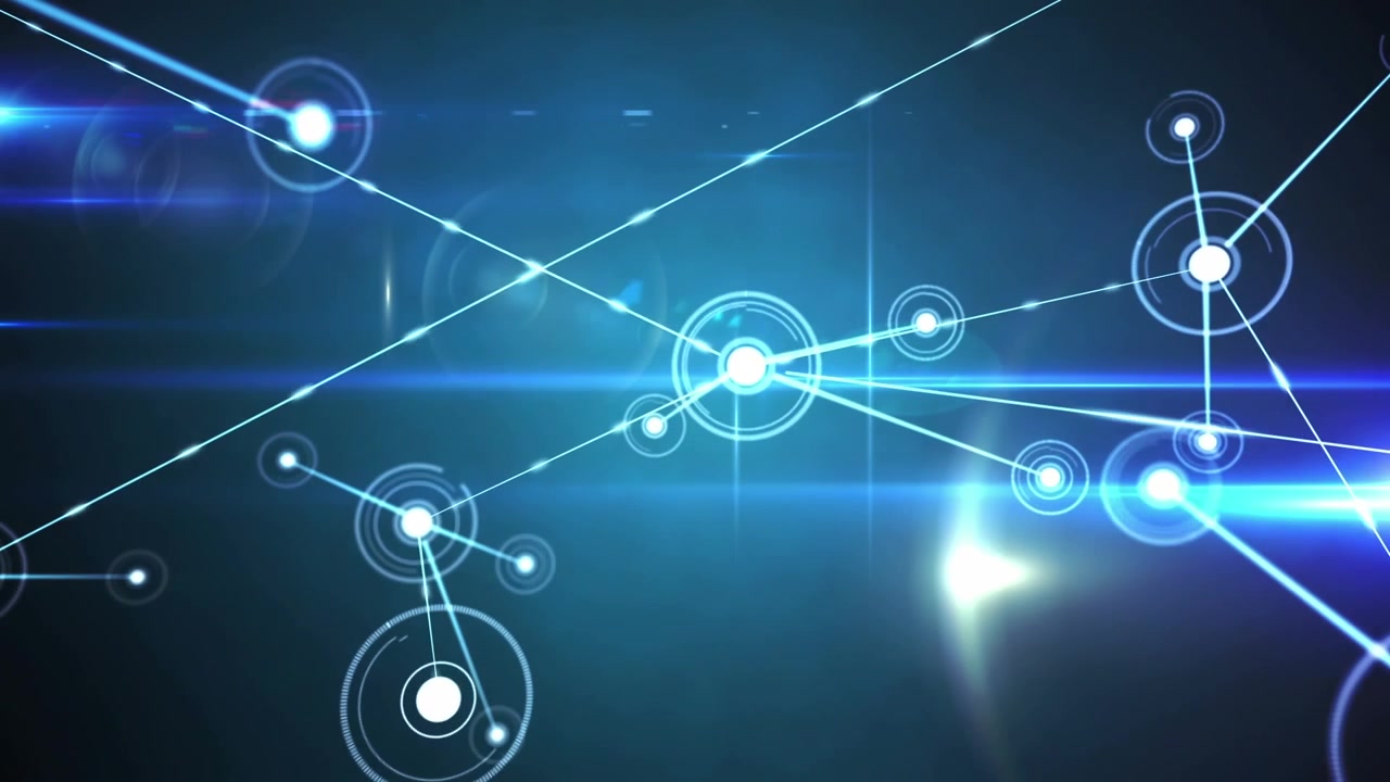 Animation of glowing network of connections and light trails against blue background