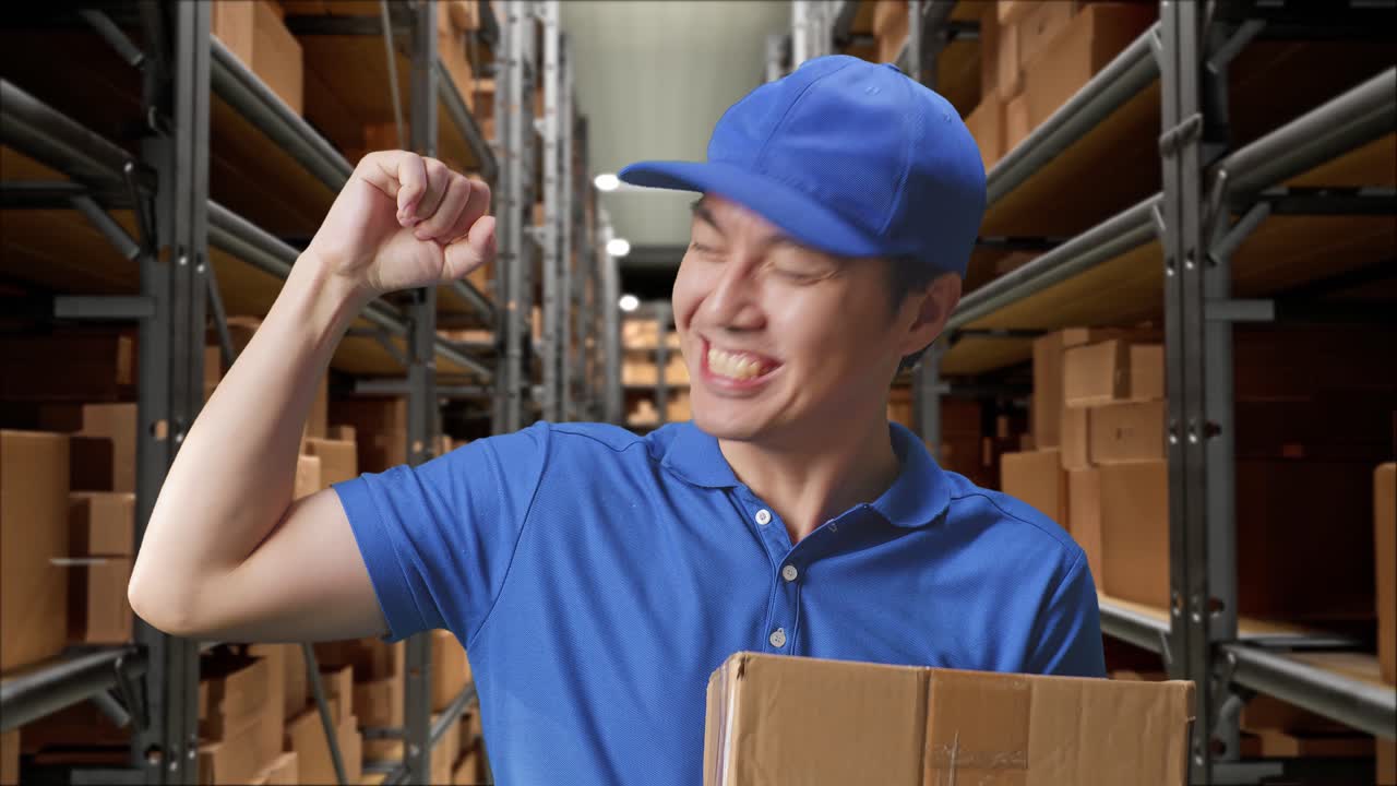 primer plano de mensajero masculino asiático en uniforme azul sonriendo y flexionando el músculo mientras entrega una caja en el almacén