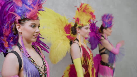 Chicas-De-Cabaret-En-Vestidos-De-Plumas-Moviendo-Sus-Manos-De-Lado-A-Lado-Y-Bailando