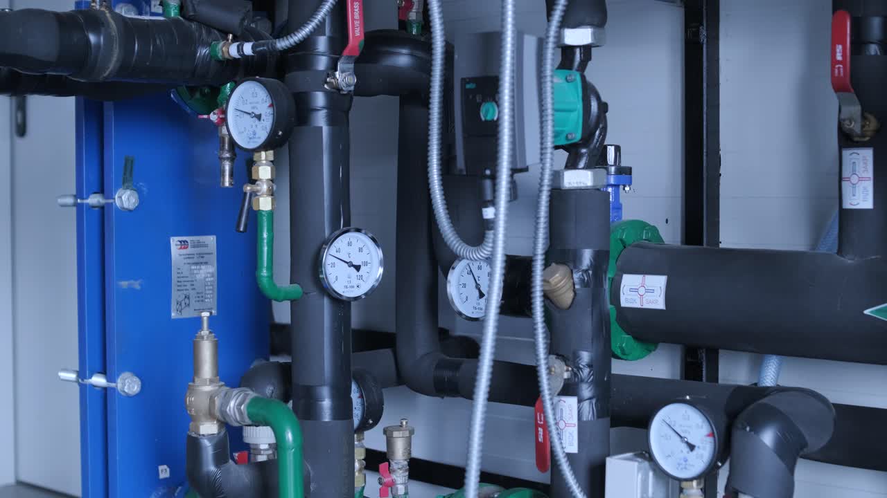 현대적인 산업용 가스 보일러 은 가열 프로세스를 위해 장착되어 있습니다. 가스보일러, 파이프 라인, 브를 가열합니다.