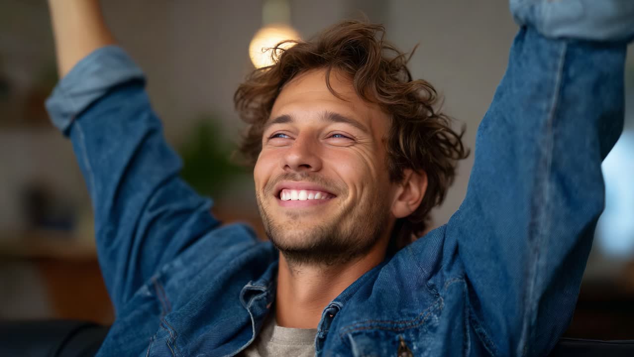 Celebração alegre: um jovem exalando felicidade e entusiasmo enquanto levanta os braços em triunfo, capturado em dois frames distintos de pura satisfação