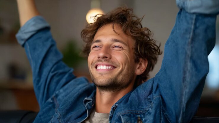 Festosa celebrazione: un giovane uomo che emana felicità ed entusiasmo mentre alza le braccia in segno di trionfo, immortalato in due diverse inquadrature di pura soddisfazione