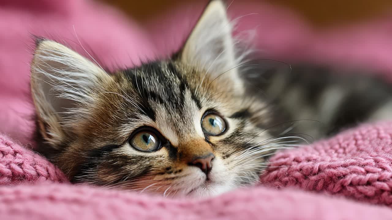 Gatinho charmoso e brincalhão relaxando em um cobertor rosa aconchegante, cativando com seus olhos grandes e pelo macio em uma cena interna convidativa
