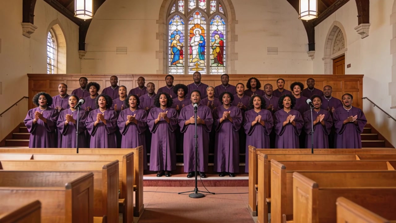 Singing choir with lead at mic starting hymn on chancel, opening hands, clapping in purple robes
