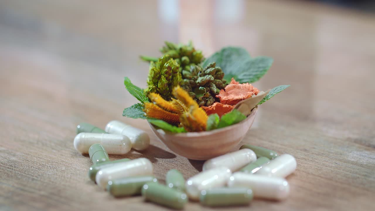 Herbal therapy concept. Medical herbs and pills. Herbal medicine capsules