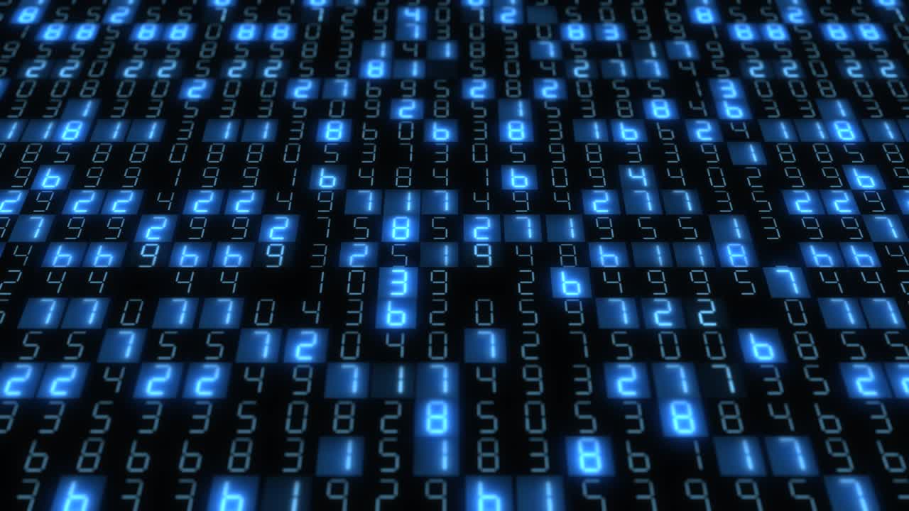 Hexadecimal big data digital code running through black and blue mainframe in a futuristic information technology computer.
