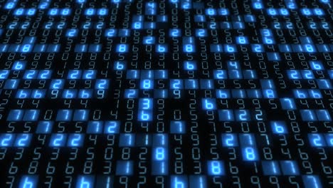 hexadecimal big data digital code running through black and blue mainframe in a futuristic information technology computer.