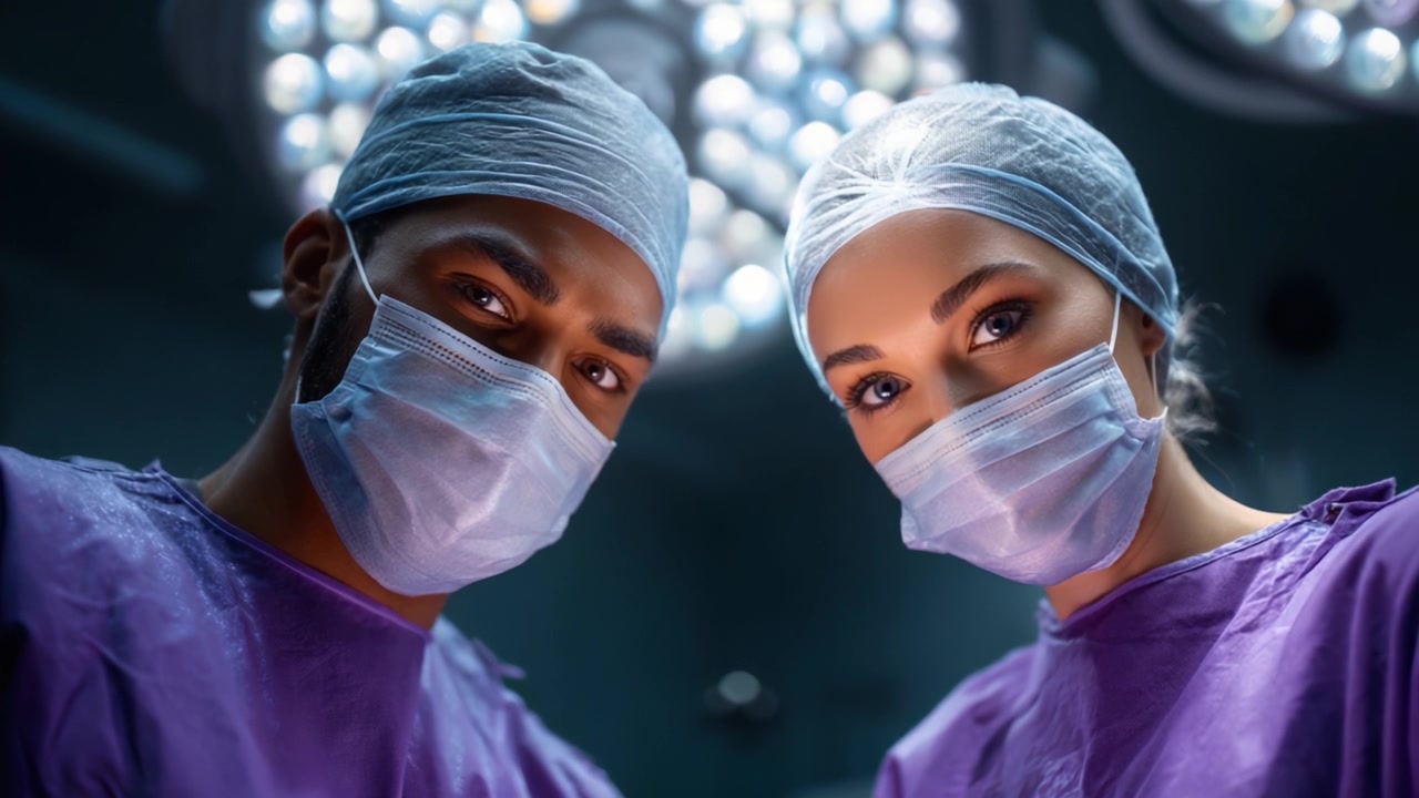 Tým chirurgů na operačním sále připravený k zákroku s chirurgickými maskami a operačními oděvy pod jasnými operačními světly, zaměřený na péči o pacienta a bezpečnost
