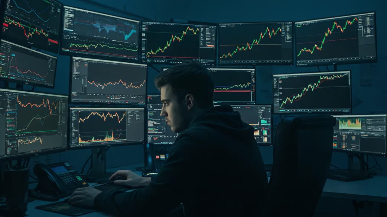 A Focused Trader Analyzing Market Trends on Multiple Monitors in a Dark Environment, Harnessing Real-Time Data to Make Informed Investment Decisions