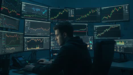 a focused trader analyzing market trends on multiple monitors in a dark environment, harnessing real-time data to make informed investment decisions