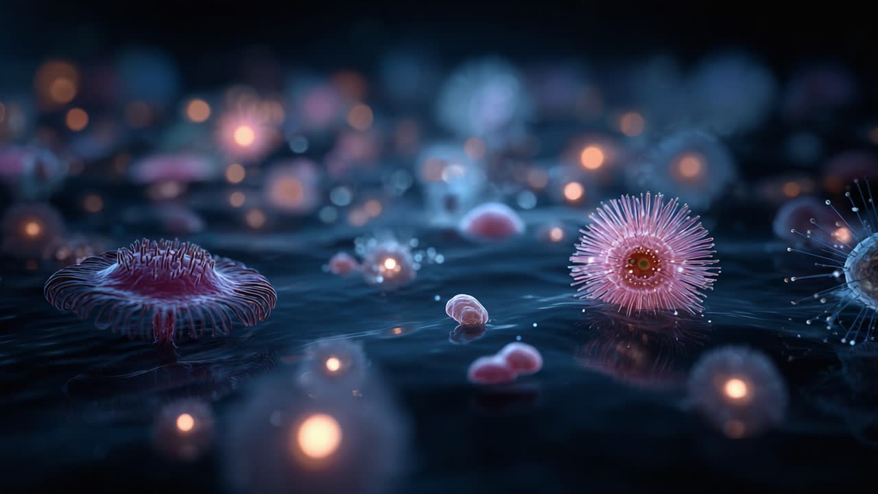 Una vista affascinante di microrganismi bioluminescenti che fluttuano delicatamente sott'acqua, rivelando le loro forme intricate e il loro bagliore tenue in un misterioso ambiente acquatico.