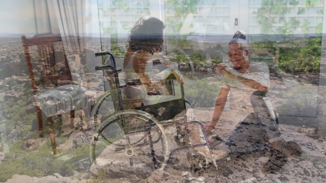 Interacting with child, woman in wheelchair using animation over rocky landscape