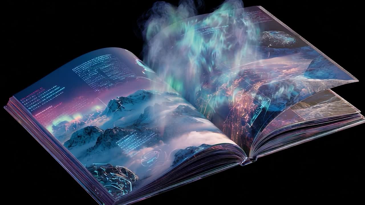 Exploring cosmic landscapes through an open book in a futuristic setting