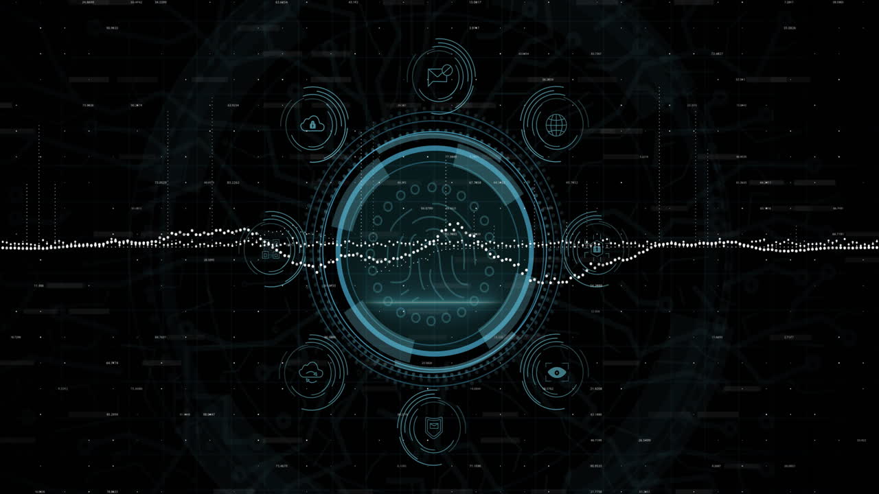 Animation of digital data processing, icons over scope scanning on dark background