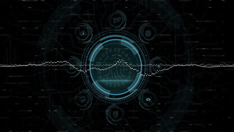 Animation-Der-Digitalen-Datenverarbeitung,-Symbole-über-Dem-Oszilloskop-Scanning-Auf-Dunklem-Hintergrund