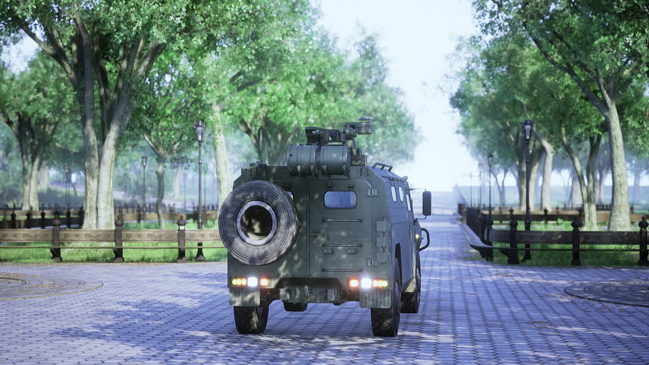 Military vehicle navigates serene park pathway under vibrant trees