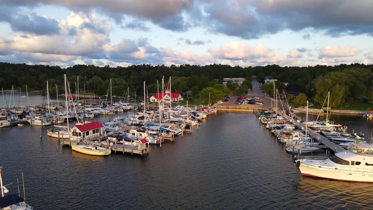 Beautiful boat pier in Great Lakes, Michigan, USA, aerial view