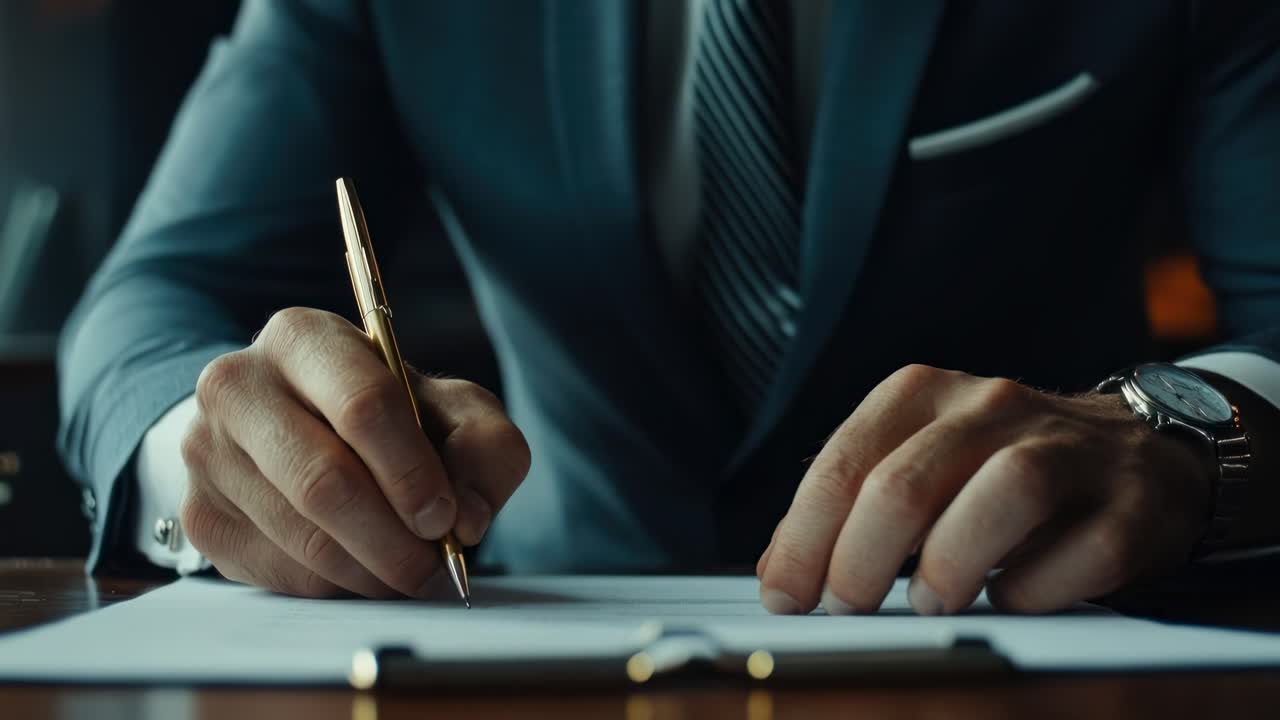 Close-up, low-angle shot of a man in a suit writing, capturing a cinematic video feel