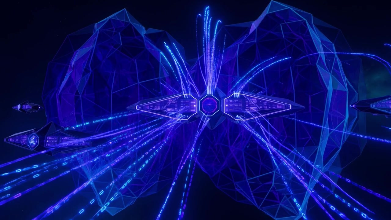 Futuristic Spaceships Transmitting Digital Data Through Geometric Crystal Structures