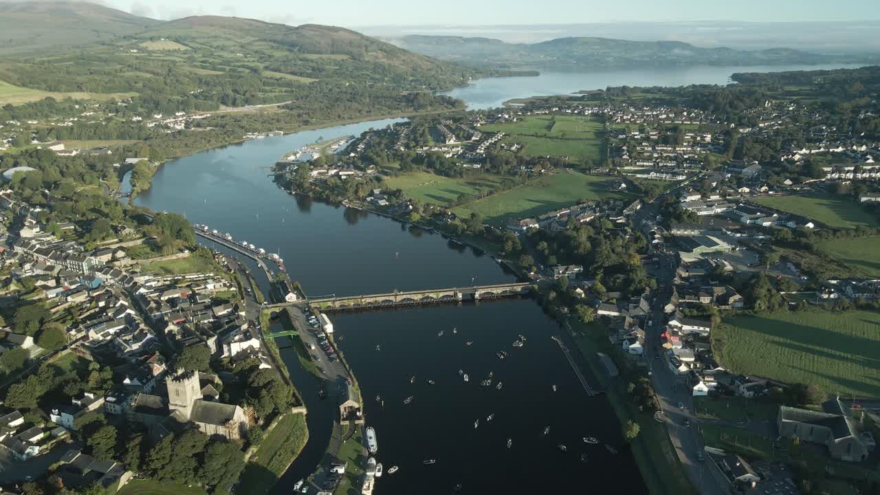Killaloe Bridge And Boats On River Shannon In Killaloe Town, County Clare, Ireland. aerial shot