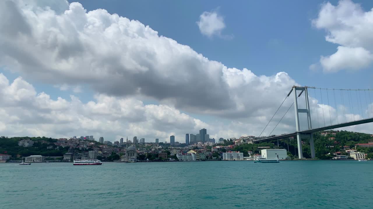 Footage of boats on Bosphorus, bridge and cityscape of European side of Istanbul. It is a beautiful summer scene on cloudy summer day.