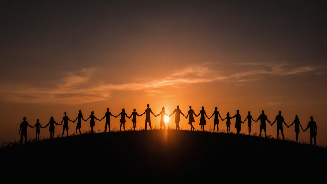 A united group of individuals stands hand in hand on a hill against a stunning sunset backdrop, symbolizing unity, togetherness, and the strength of community bonds