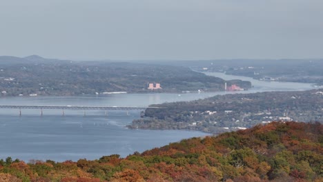 an aerial view high above the mountains in upstate ny during the fall foliage changes on a beautiful day