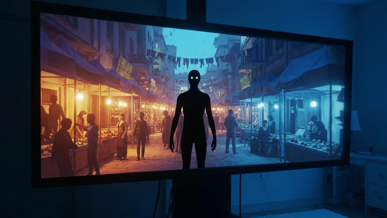 A Mysterious Figure Stands in the Foreground of a Colorful Marketplace, Illuminated by Vibrant Lights, Creating a Contrast Between Darkness and Lively Activity