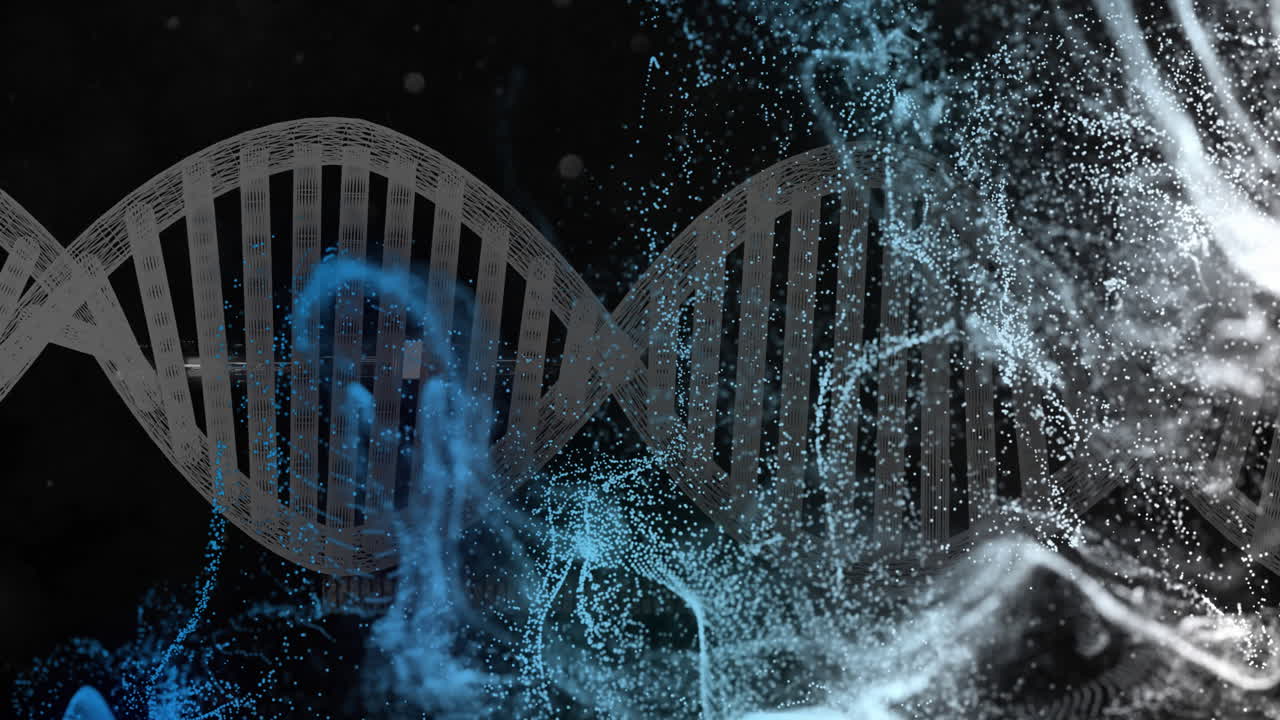 DNA strand with blue and white particles, scientific data processing animation