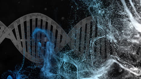 dna strand with blue and white particles, scientific data processing animation