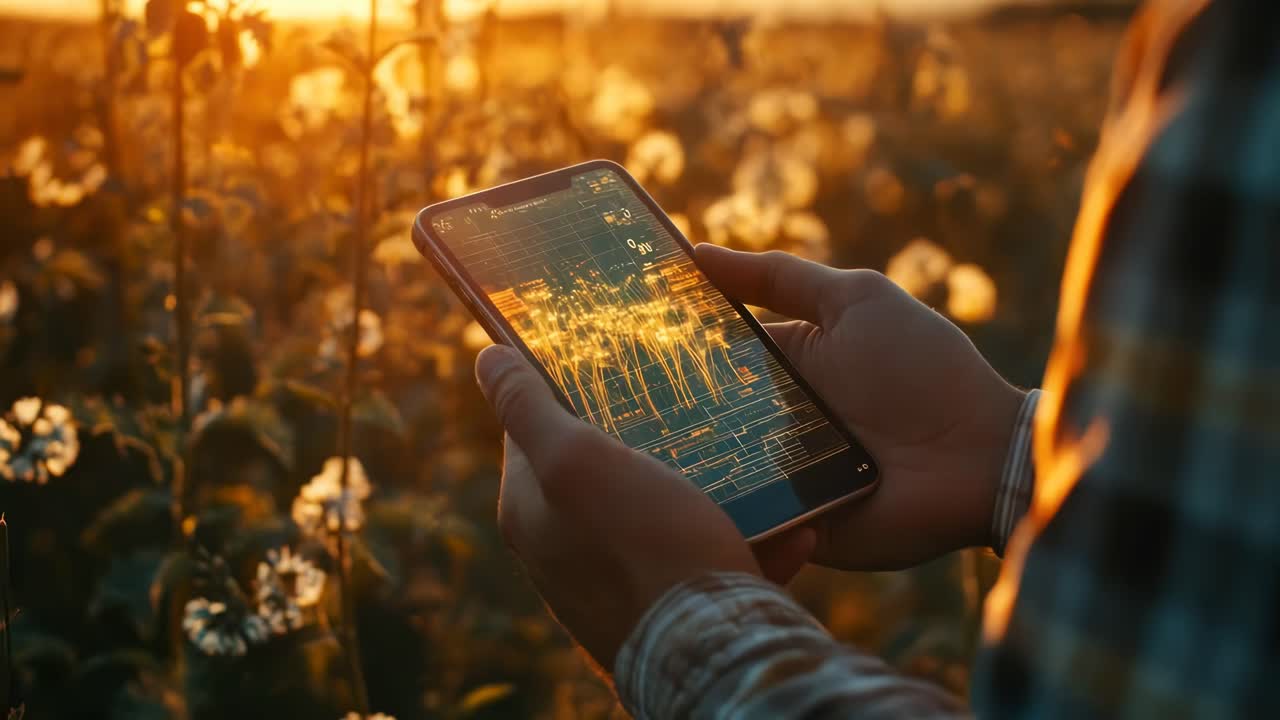 Close-up of hands holding a smartphone displaying data graphs in a field at sunset