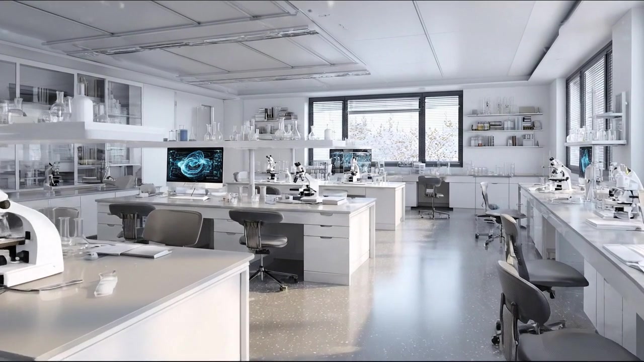 Clean white laboratory interior with benches and scientific equipment in detailed scientific footage