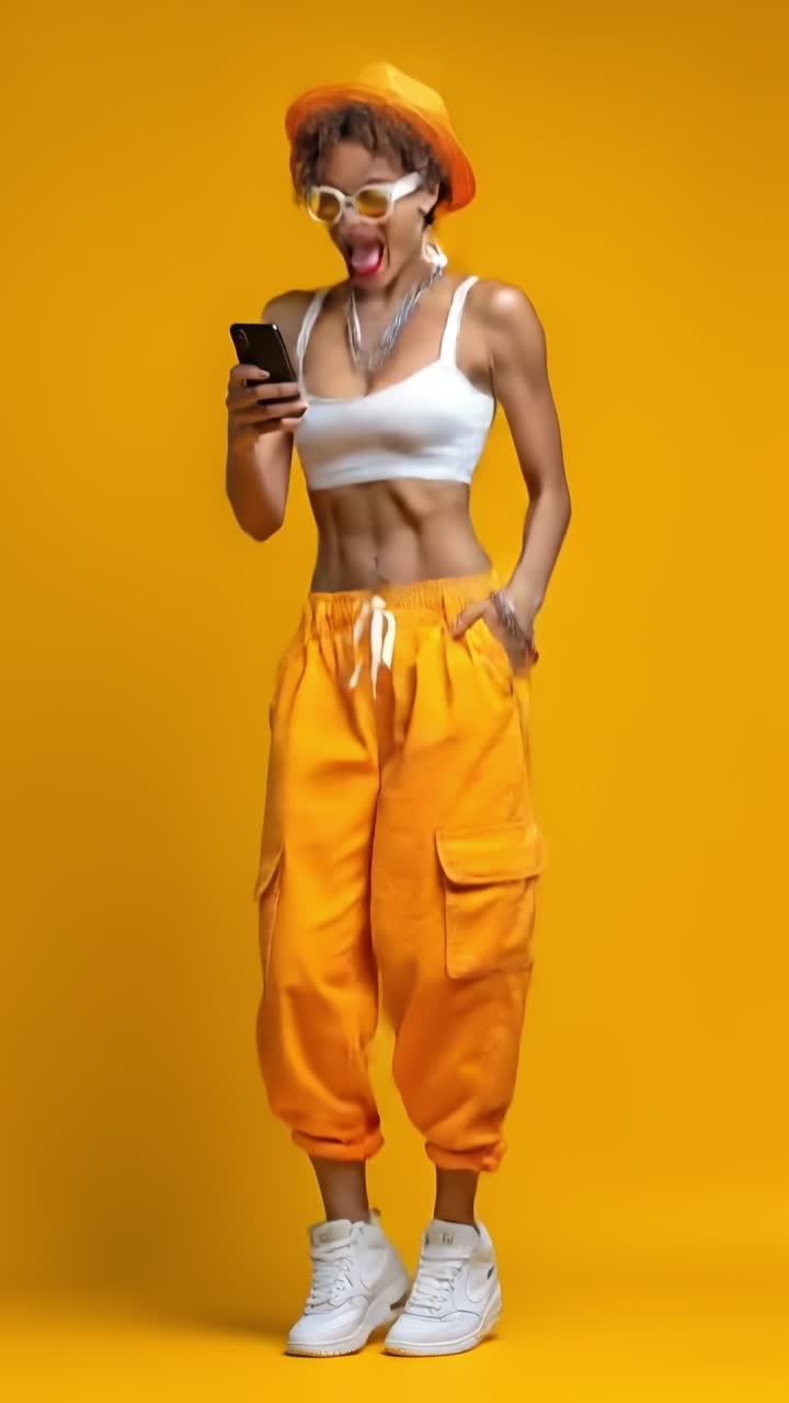 Donna afroamericana alla moda con pantaloni cargo arancioni e cappello che guarda lo smartphone su sfondo giallo da studio