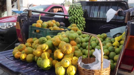fruit and vegetables get picked up at a street market in brazil on a sunday morning