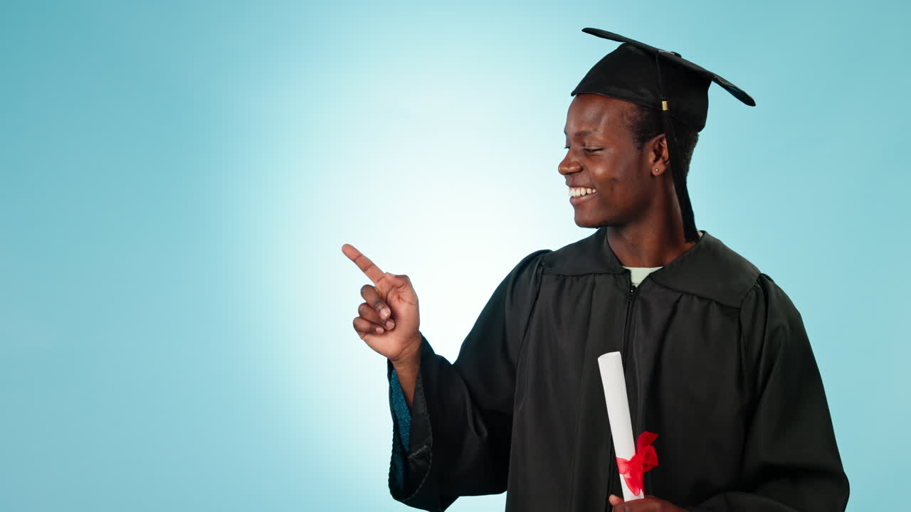 Education, university and hand pointing by man