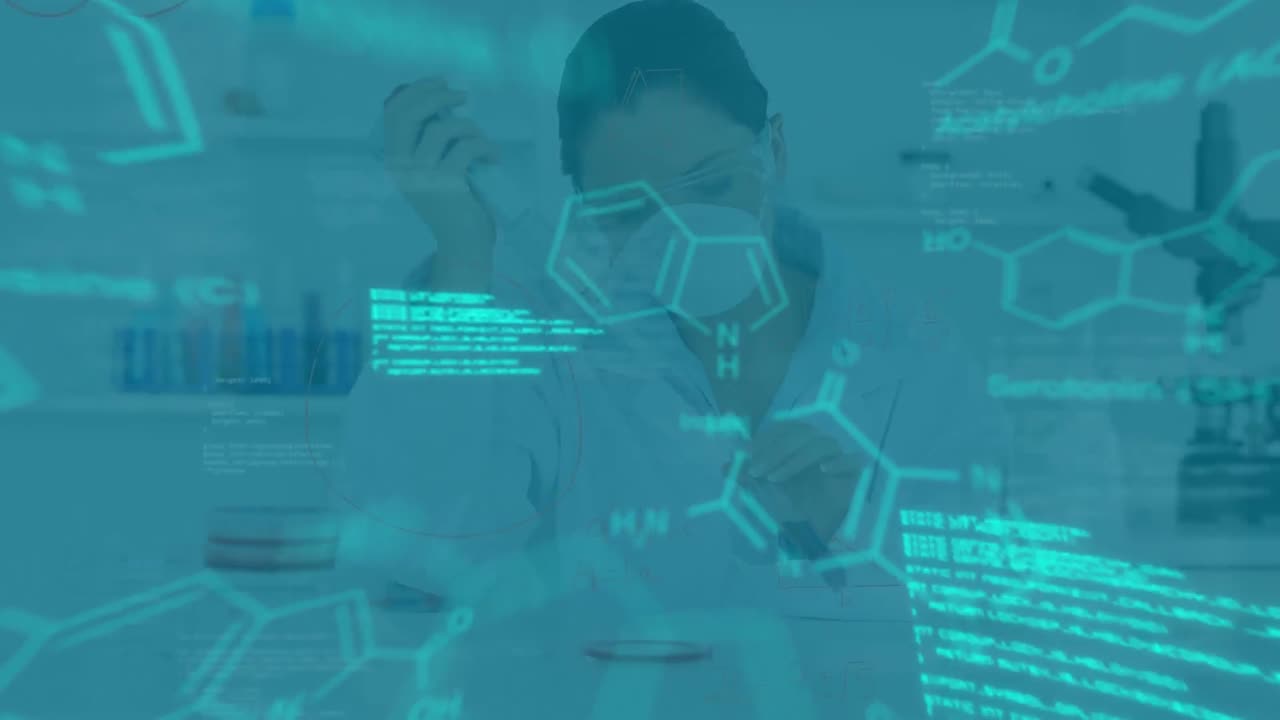 animación del procesamiento de datos médicos contra una científica caucásica que trabaja en un laboratorio