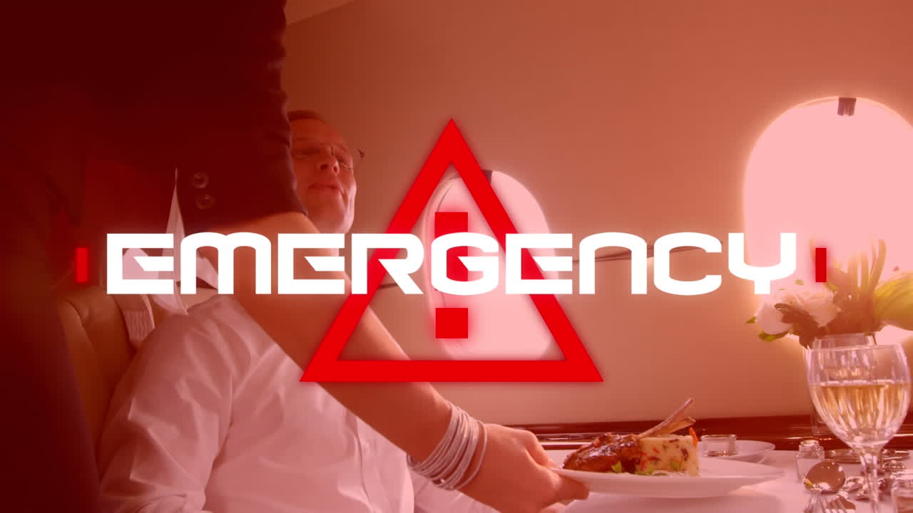 palabra de emergencia escrita en un letrero de peligro sobre un pasajero del avión comiendo un pastel en el fondo.