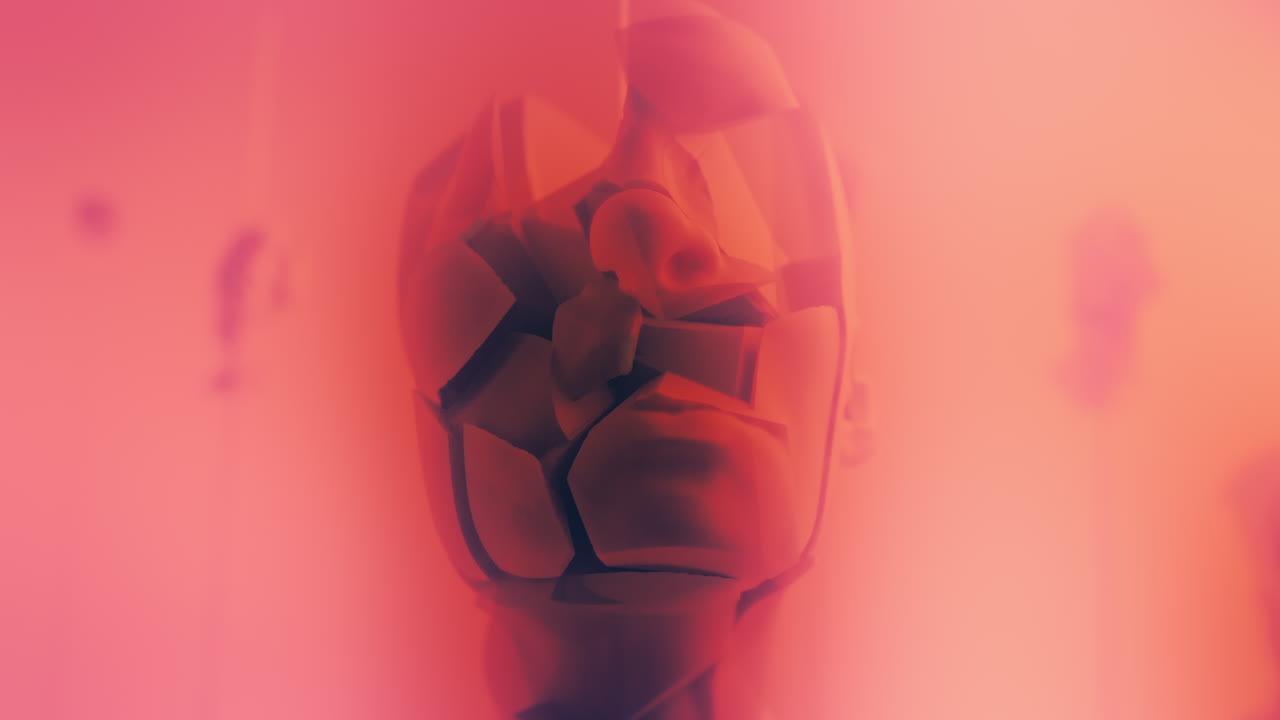 Destroyed android heads on spikes on the neon pink background