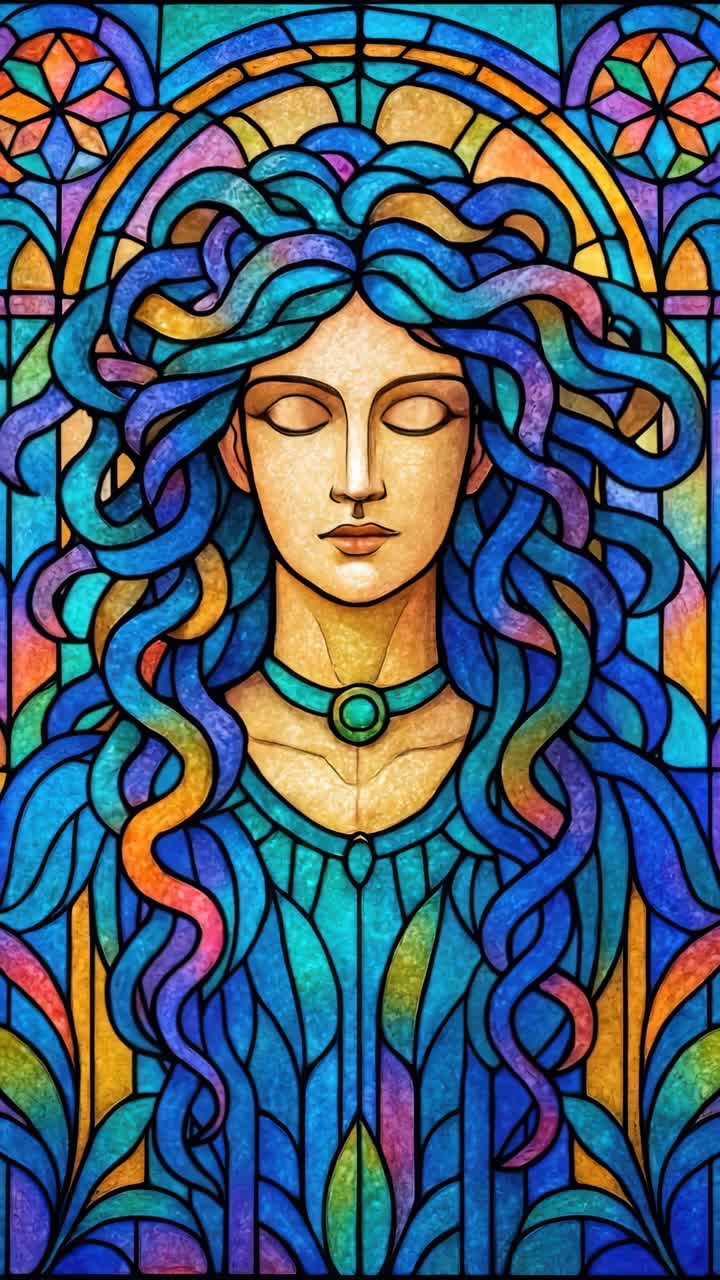 Colorful stained glass art depicting a serene woman with flowing hair