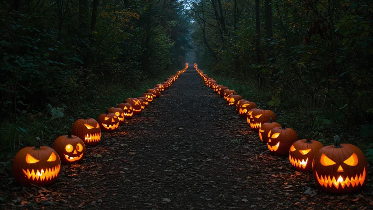 A Spooky Pathway Illuminated by Creepy Jack-o'-Lanterns in a Dark Forest at Dusk, Creating an Enchanting Halloween Atmosphere Full of Eerie Charm
