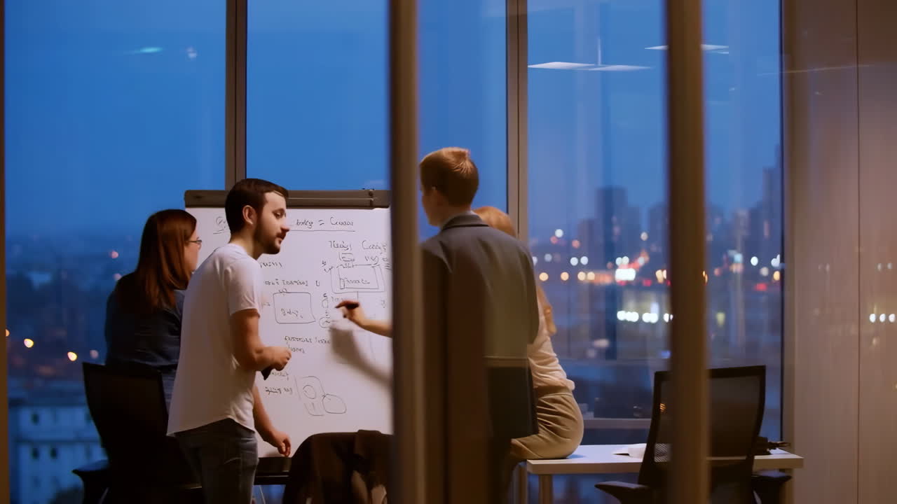 Business Team Brainstorming with Whiteboard in Modern Office at Night