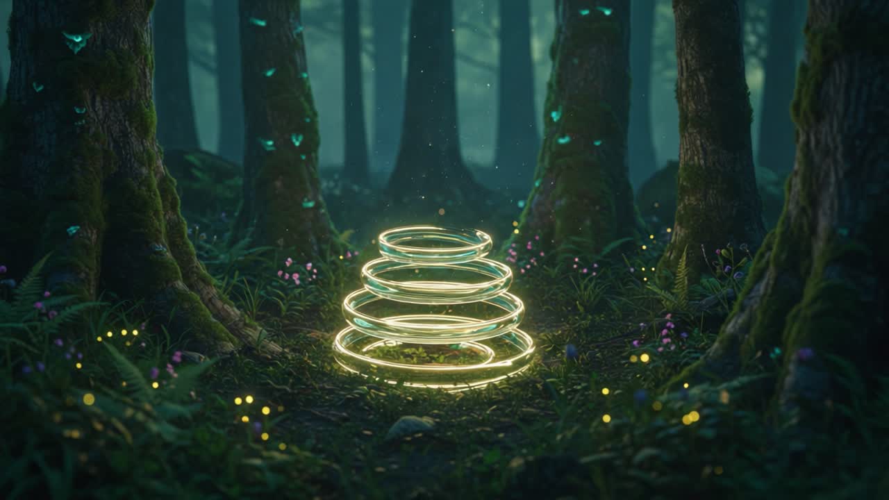 Enchanting Glowing Rings in a Mystical Forest Setting Surrounded by Lush Greenery and Twinkling Lights, Evoking a Sense of Magic and Wonder