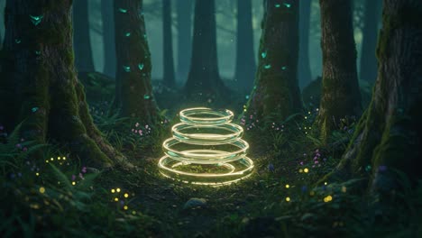 enchanting glowing rings in a mystical forest setting surrounded by lush greenery and twinkling lights, evoking a sense of magic and wonder